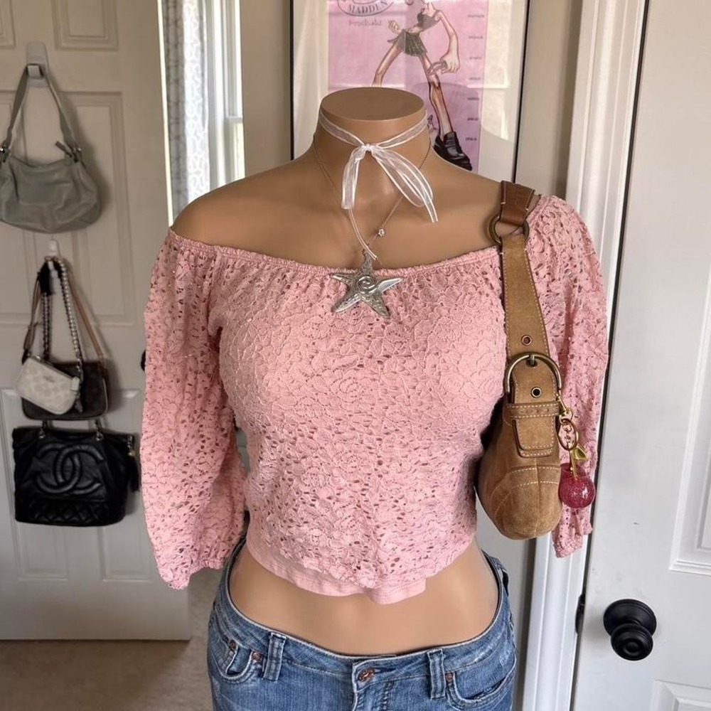Y2k 2000s Hollister Pink Lace Off Shoulder Top